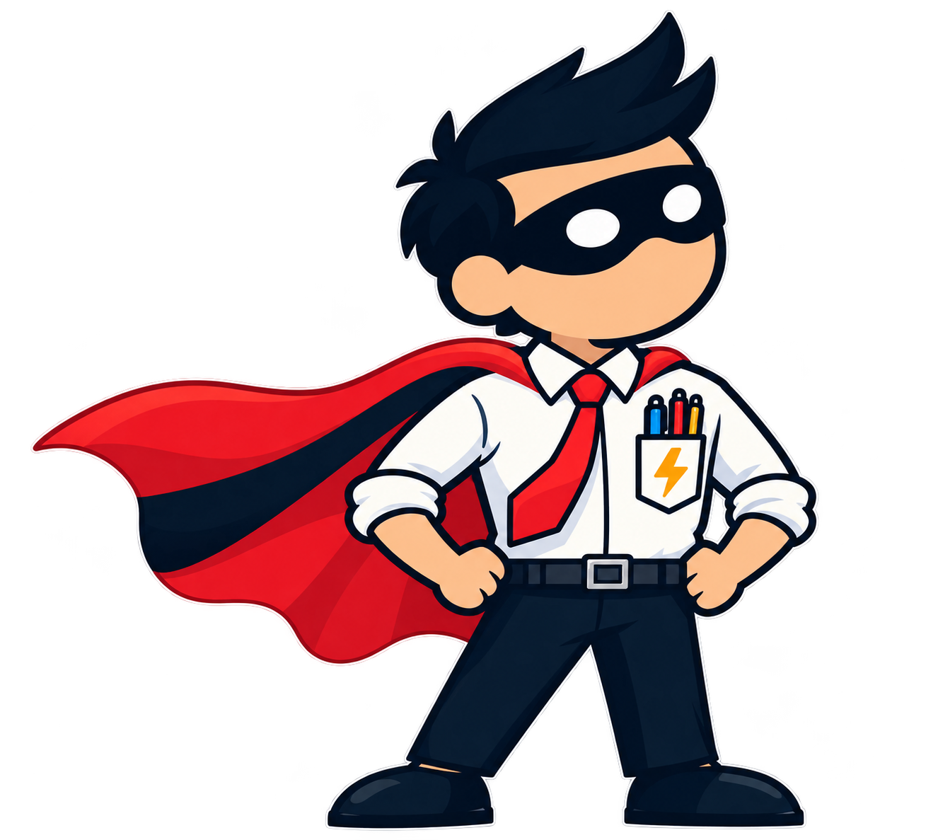 The OfficeSidekick mascot: an office worker in a black superhero mask and red cape, hands on hips.
